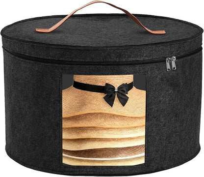 Hat Boxes for Women&Men Storage, Round Felt Hats Storage Box Container for Closet, Cowboy,Round Brim, 16" D x 10" H Foldable Caps Organizer Bag for Travel with Dustproof Lid (Black)