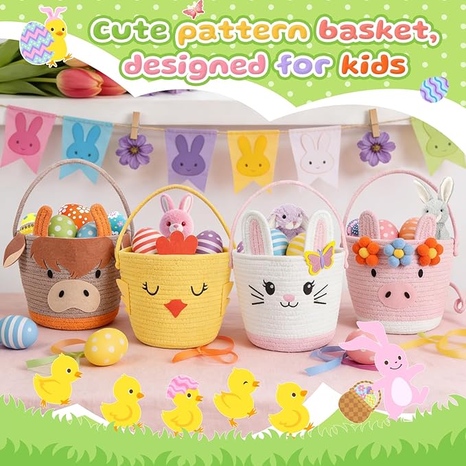 Small Woven Storage Basket with Handle, Cute Bunny Baskets for Gift Empty, Cotton Rope Storage Basket for Toy Organizer