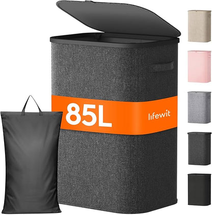 Lifewit 85L Large Laundry Basket with Lid, Laundry Hamper with Plastic Handles and Removable Bag, Foldable Tall Dirty Clothes Hampers for Laundry for Laundry Room, Bedroom, Bathroom, Dorm, Dark Gray