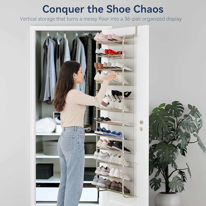 Whitmor 36 Pair Over The Door Shoe Organizer, 12 Tier Hanging Shoe Organizer, Heavy Duty Metal & Mesh Shoe Holder, Hanging Shoe Rack for Closet Organizer & Storage, 74" L x 21.7" W x 7.5" H, Oat