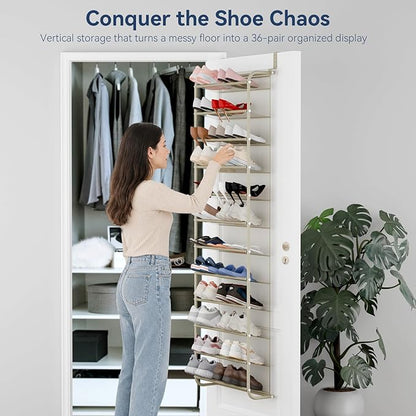 Whitmor 36 Pair Over The Door Shoe Organizer, 12 Tier Hanging Shoe Organizer, Heavy Duty Metal & Mesh Shoe Holder, Hanging Shoe Rack for Closet Organizer & Storage, 74" L x 21.7" W x 7.5" H, Oat