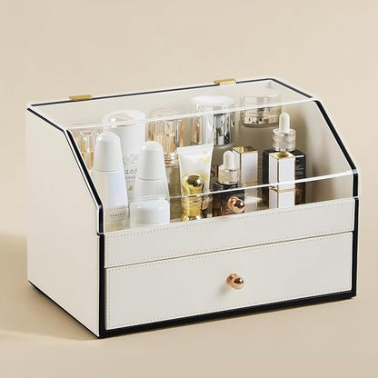 Leather Makeup Organizer & Skincare Storage Rack - Cosmetic Display Case with Dustproof Transparent Cover, Drawer Jewelry Storage, for Bedroom Vanity, Perfume & Lipstick Organizer - White