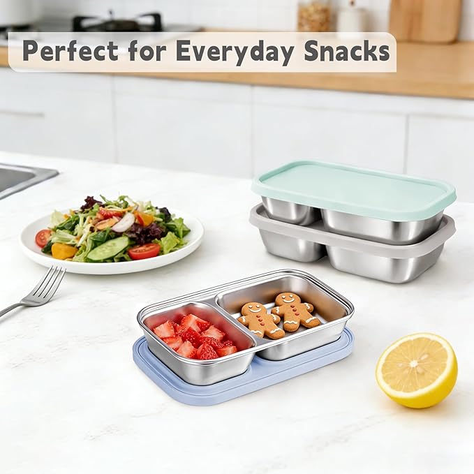 3 Pack Stainless Steel Snack Containers with Silicone Lids, 2-Compartment Snack Containers for Lunch, Office, Travel & Camping（Aqua, Blue, Grey