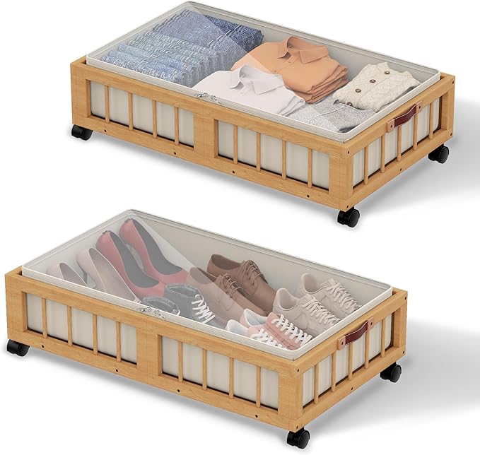 efluky 2-Pack Bamboo Under Bed Storage Containers with Wheels, Under Bed Clothes Storage Basket with Large Dust Bag, Rolling UnderBed Storage for Bedroom, Dorm and Basement, Nature