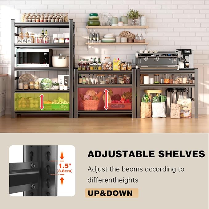 6-Tier Kitchen Shelves with Storage, Metal Microwave Stand Shelf, Coffee Bar for Small Spaces, Free Standing Kitchen Storage Shelf, Racks for Storage, Loads 2400LBS, Black
