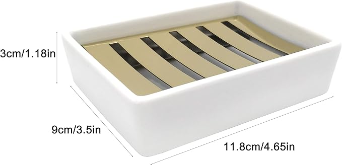 Ceramic Soap Dish Gold Stainless Steel Soap Holder for Shower and Bathroom Double Layer Draining Soap Box