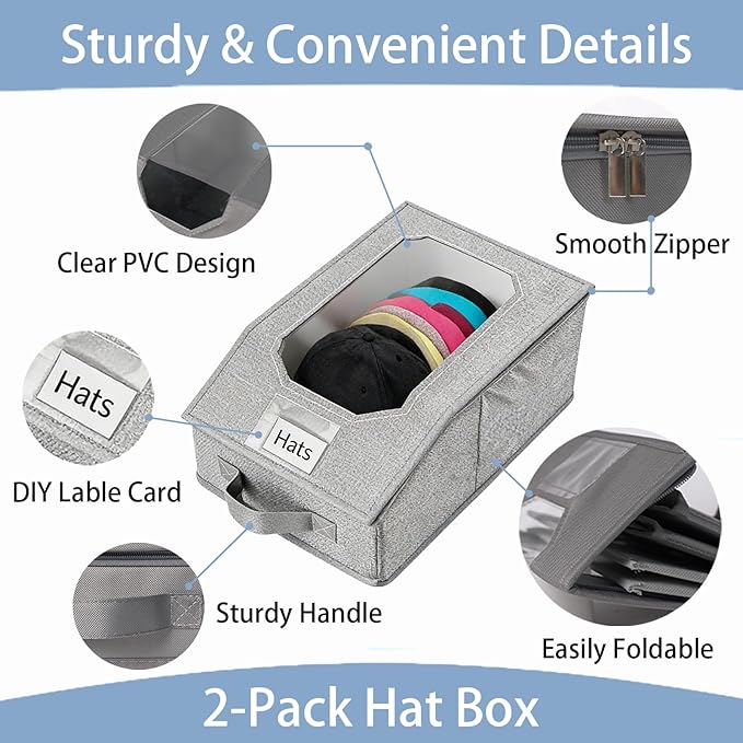 2 Pcs Stackable Baseball Cap Organizer, Washable Foldable Oxford Cloth, Smooth Durable Metal Zipper Hat Storage Holder for Closet, Holds 24 Caps with Large Clear Window, Hat Box for Home Storage