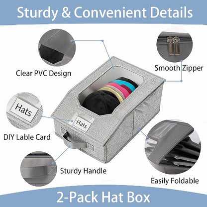 2 Pcs Stackable Baseball Cap Organizer, Washable Foldable Oxford Cloth, Smooth Durable Metal Zipper Hat Storage Holder for Closet, Holds 24 Caps with Large Clear Window, Hat Box for Home Storage