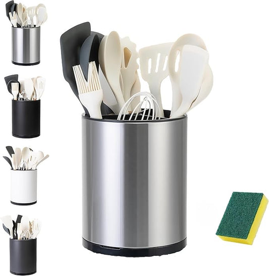 LIBODOUR Utensil Holder,Large 360°Rotating Kitchen Utensil Holder For Counter,Cooking Silverware Organizer Stainless Steel Caddy Flatware Spoon Spatula Tool Cutlery Container