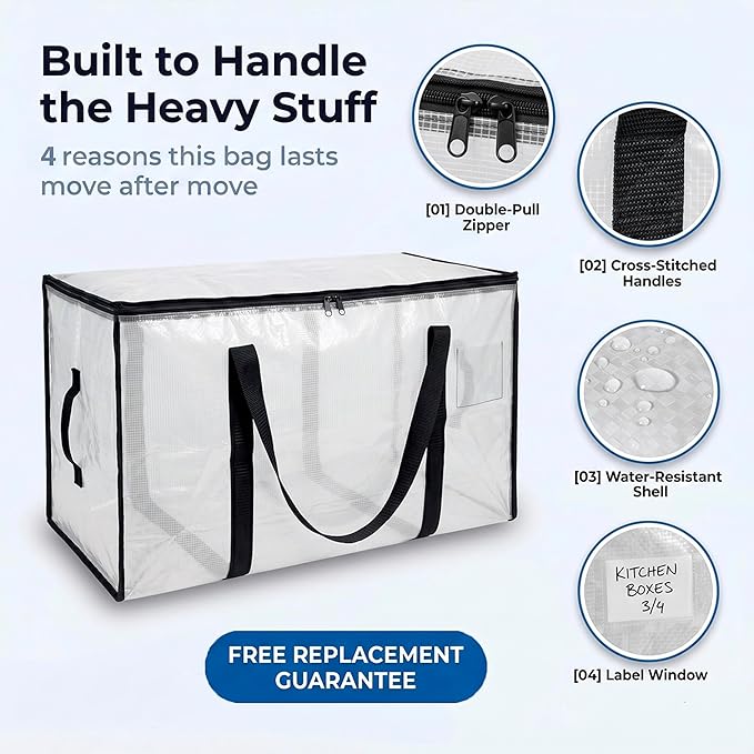 ClearSpace Heavy Duty Moving Bags or Storage Bags – Clear Storage Bins with Lids, Large Moving Boxes with Backpack Straps & Zippers – Packing Bags & Moving Supplies for College Dorm- 8 Pack