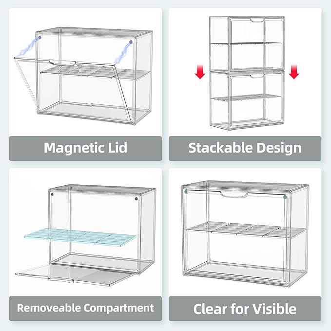 Clear Hat Box Storage, Baseball Cap Organizer for Baseball Caps, Hat Acrylic Display Case with Removable Compartment, Plastic Stackable Hats Holder Organizer Box with Magnetic Lid, 1 Pack
