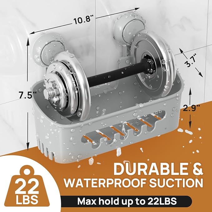 LEVERLOC Shower Caddy Suction Cup, Shower Organizer Removable Bathroom Shelf, Storage for Inside Shower Powerful Suction Max Hold 22lbs Waterproof Holder, Gray