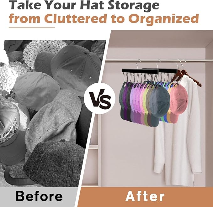 2 Pack Hat Organizer for Baseball Caps, 360 Degree Rotating Hat Storage for Baseball Caps Organizer with 10 Stainless Steel Hooks, Wooden Hanging Closet Organizer
