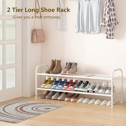 LINZINAR Shoe Rack Long 2 Tier Shoe Storage Organizer Metal Wide Shoe Shelf for Closet Entryway Bedroom 18 Paris Large Capacity, White
