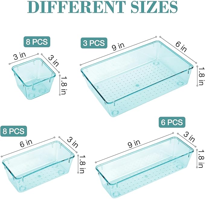 StorMiracle 25 PCS Drawer Organizer Set, 4 Varied Size Bathroom and kitchen Drawer cabinet organizer Trays, Clear Storage Bins for Makeup, Jewelry, Utensils and Gadgets