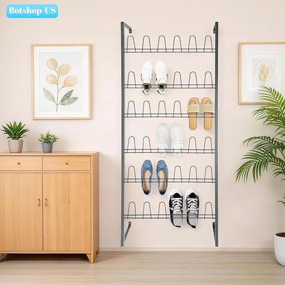 Gdrasuya10 Black Metal Hanging Wall Shoe Rack for Closet, Mudroom and Entryway, 6 Tier 70" Tall Wall Mounted Space Saving Boot and Shoe Rack Organizer, Holds 18 Pairs
