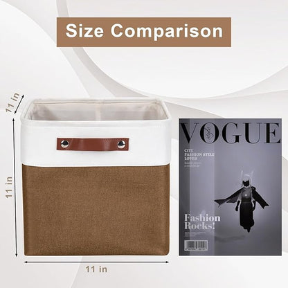Bagnizer Collapsible Fabric Storage Cubes 11x11 Cube Storage Bins, 4 Pack Closet Baskets Box with Handles for Organizing, Shelf, Toys, Clothes, Home, Office, Nursery (Brown&White)
