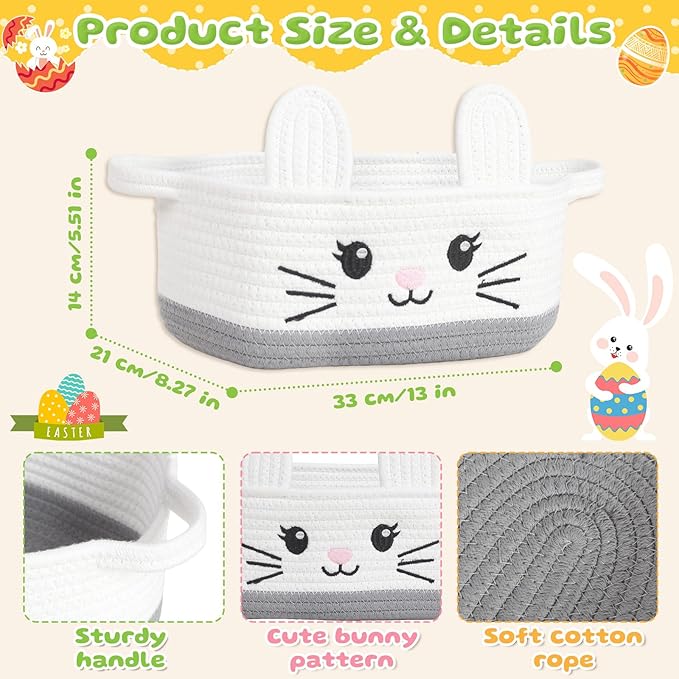 Small Woven Storage Basket with Handle, Cute Cotton Rope Bunny Baskets for Gift Empty, Storage Basket for Toy Organizer