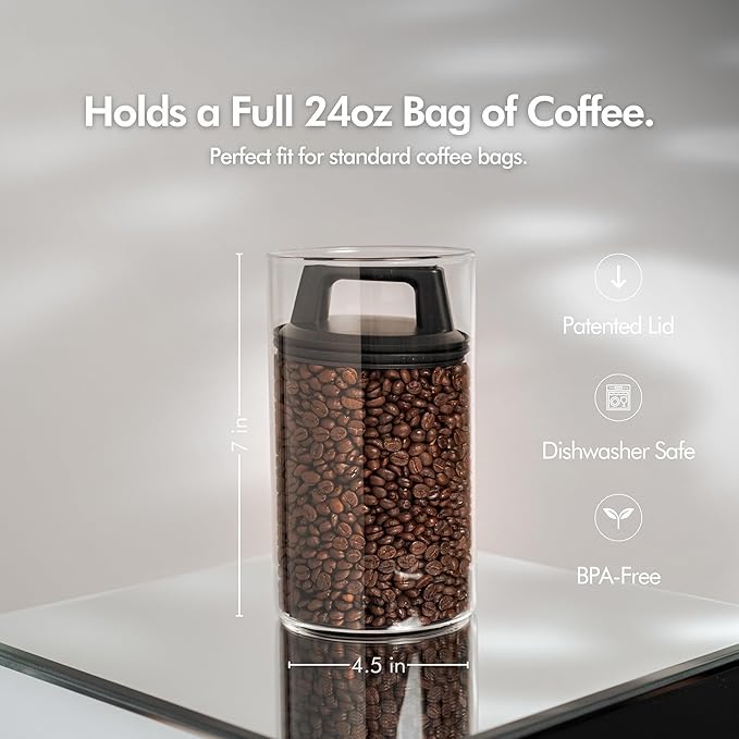 KIVY Vacuum Seal Coffee Canister (Glass) - Coffee Canister with Airtight Lid - Airtight Coffee Jar - Air Tight Coffee Container - Vacuum Storage
