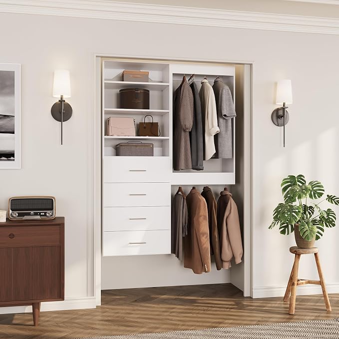 ROOMTEC Modular Closet System, 61" Wall-Mounted Closet Organizer with Drawers and Hanging Rods, Wooden Tower for Walk-In Closets, Wardrobe Storage Kit, White