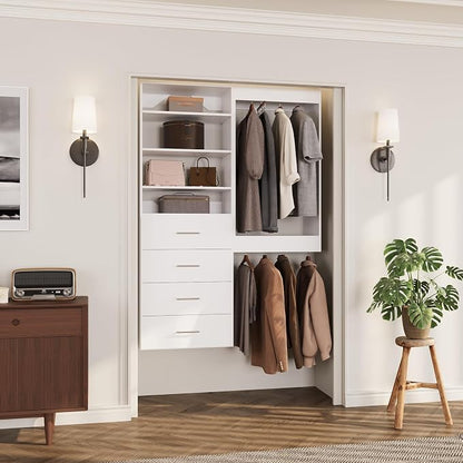 ROOMTEC Modular Closet System, 61" Wall-Mounted Closet Organizer with Drawers and Hanging Rods, Wooden Tower for Walk-In Closets, Wardrobe Storage Kit, White