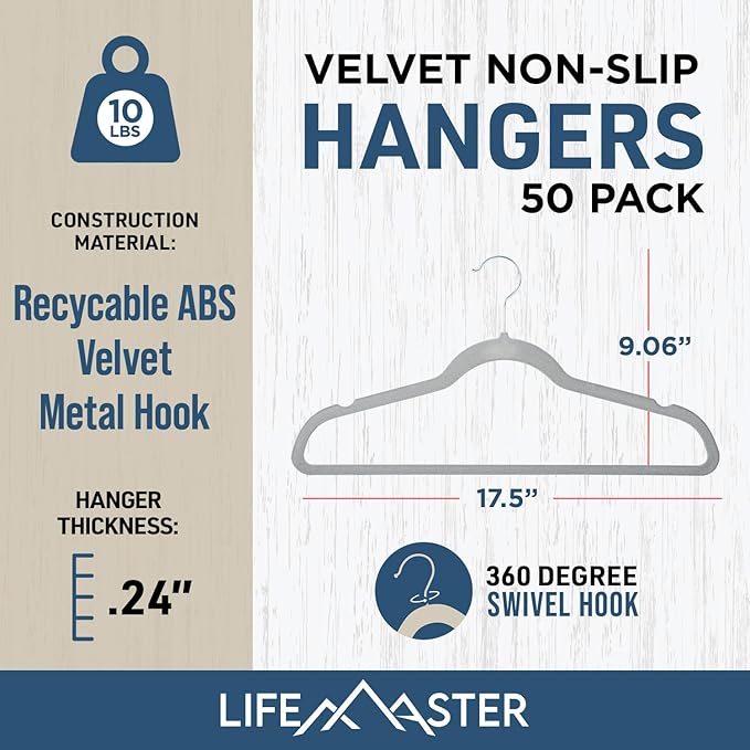 Lifemaster Velvet Non-Slip Hangers - 50 Pieces Non-Slip Coat Hanger Set with 360° Swivel Hook, Space-Saving, Sleek Design, Keep Closet Organized, Smooth Velvet Finish, Lightweight Construction - Gray