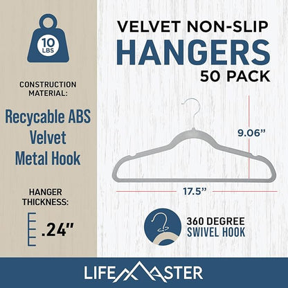 Lifemaster Velvet Non-Slip Hangers - 50 Pieces Non-Slip Coat Hanger Set with 360° Swivel Hook, Space-Saving, Sleek Design, Keep Closet Organized, Smooth Velvet Finish, Lightweight Construction - Gray