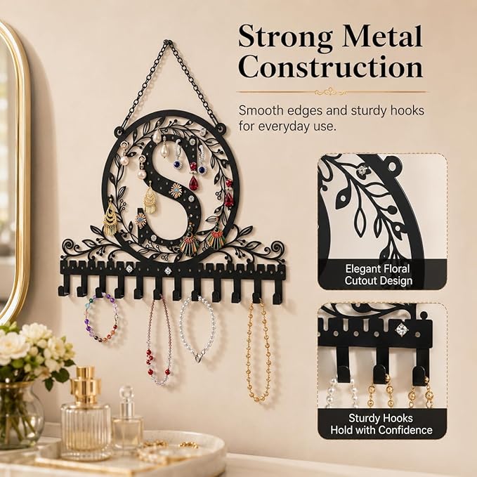 Wall-Mounted Metal Initial Letter S Earring Holder Hanging Jewelry Organizer for Earrings and Necklaces Space-Saving Wall Display with Hooks for Jewelry Storage