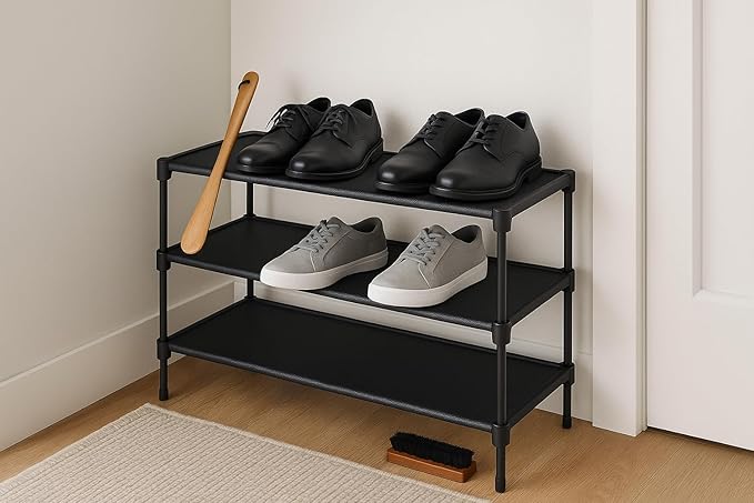 3-Tier Metal Shoe Rack Storage Organizer Set – Includes Wooden Shoe Horn & Brush – Free-Standing Shoe Shelf for Entryway & Closet