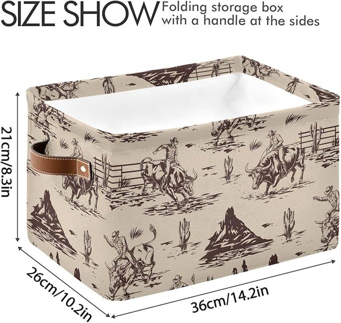 West Cactus Cowboy Large Storage Basket Cube Storage Bin Canvas Fabric Organizer Handles Collapsible Decorative for Clothes Toys Bedroom