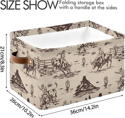 West Cactus Cowboy Large Storage Basket Cube Storage Bin Canvas Fabric Organizer Handles Collapsible Decorative for Clothes Toys Bedroom