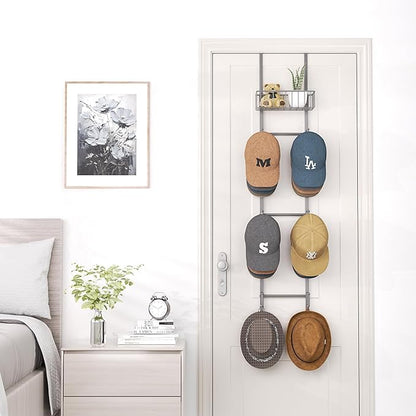 HapiRm Over Door Hat Rack - 2 Packs Wall Mounted Hat Holder with 6 Hooks and Metal Basket Design, Baseball Cap Organizer Storage Up to 32 Caps for Door, Bedroom, Closet (Grey)