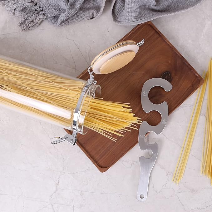 KKC HOME ACCENTS Glass Pasta Storage Container With Measuring Tool, Spaghetti Jar, Noodle Holder, Tall Container With Bamboo Lid, 68 Floz