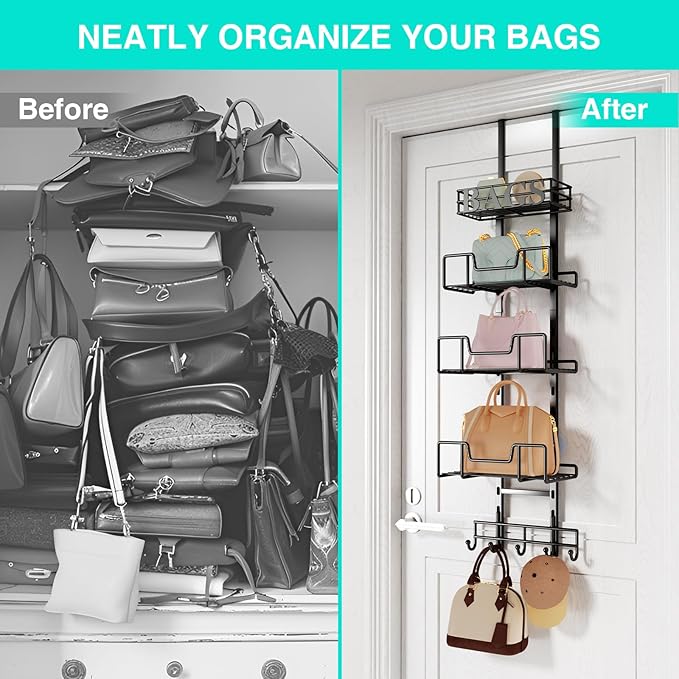 HapiRm Over Door Purse Organizer - Adjustable Purse Storage Rack with Bags Design Metal Basket, Wall Mounted Handbag Organizer, Hanging Handbag Holder, Can Use As 1/2 Part Detachable