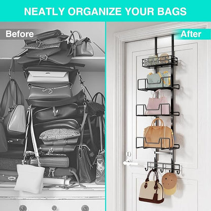 HapiRm Over Door Purse Organizer - Adjustable Purse Storage Rack with Bags Design Metal Basket, Wall Mounted Handbag Organizer, Hanging Handbag Holder, Can Use As 1/2 Part Detachable