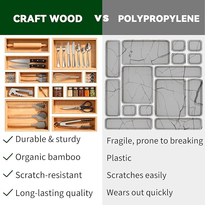 Bamboo Drawer Organizer 14 Pcs for Kitchen Multi-purpose Storage Dividers for Kitchen, Office, Jewelry, Cosmetics, Wooden Drawer Dividers for Drawer Organizer Desk Organizer Gift for Women Gifts Idea