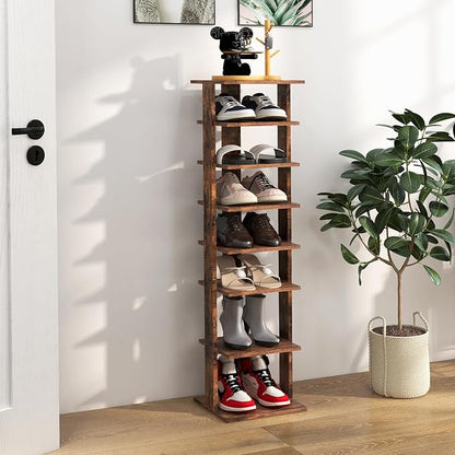 BETTARY 8 Tier Vertical Shoe Rack, Narrow Wooden Corner Shoe Organizer for Small Spaces, Removable Shelves, Anti-toppling Device, Shoe Tower for Entryway, Closet, Bedroom (Rustic Brown, Single Row)