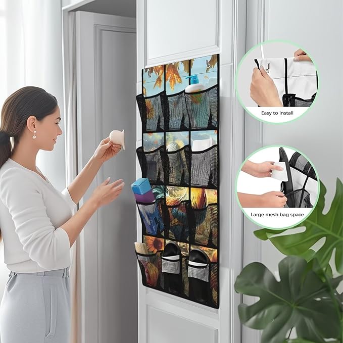 Roosters 12-Pocket Door Organizer - Breathable Mesh Design for Shoes, Accessories - Ultra-Lightweight & Foldable