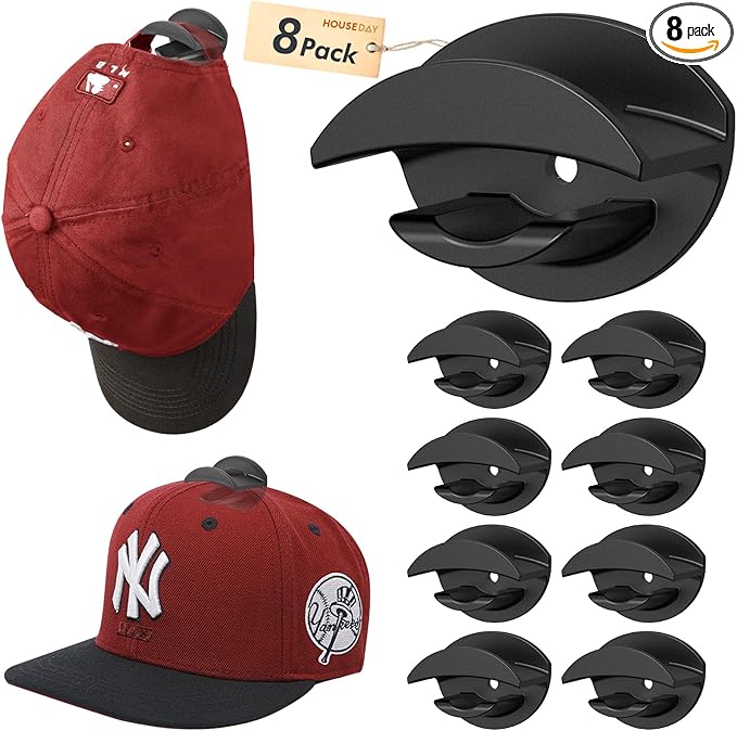 HOUSE DAY Adhesive Hat Hooks for Wall 8 Pack, Strong Hat Rack for Baseball Cap Display Organizer, Hats Holder for Wall, Door, Closet, No Drilling, Black