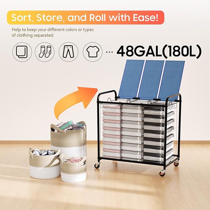 180L (47.55 Gal) Laundry Sorter 3 Section, Rolling Laundry Basket with Lockable Wheels and Lid, Laundry Hamper with 3 Separated Removable Bags Dirty Clothes Hamper for Laundry Room Organizer, Blue