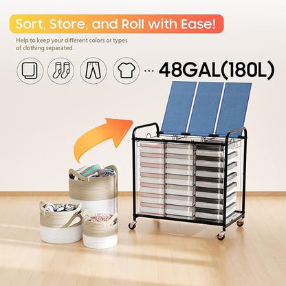 180L (47.55 Gal) Laundry Sorter 3 Section, Rolling Laundry Basket with Lockable Wheels and Lid, Laundry Hamper with 3 Separated Removable Bags Dirty Clothes Hamper for Laundry Room Organizer, Blue