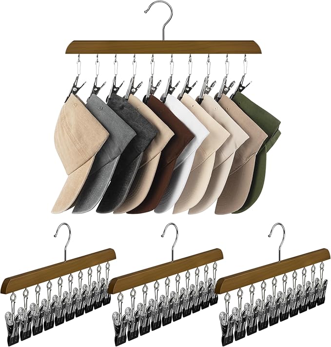StorageWorks 4 Pack Hat Rack, Closet Organizer and Storage for Baseball Caps,Hat Hanger with 10 Adjustable Stainless Steel Clips, Fits All Caps, Natural Walnut Color