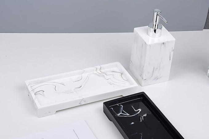 Vanity Tray Toilet Tank Tray, White Elegant Marble Pattern Bathtub Tray, Bathroom Organizer for Small Items,Makeup Desk Tray, Resin Dresser Jewelry Tray,Mini Size