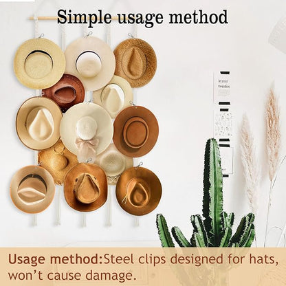 Macrame Hat Hangers for Wall - Boho Hats Rack Cowgirl Hat Holder on Wall, Bring 15 Clips Western Bedroom Decor Hat Display Country Room Decor Gift for Mother Women, 100% Natural Cotton, 31x63inch