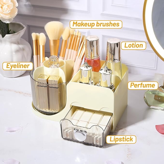DASITON Makeup Organizer with Drawer, 360° Rotating Makeup Brush Holder, Makeup and Skincare Storage Box, Make Up Organizers for Vantiy, Desktop, Bathroom Countertop, Cosmetic Display Case (Cream)