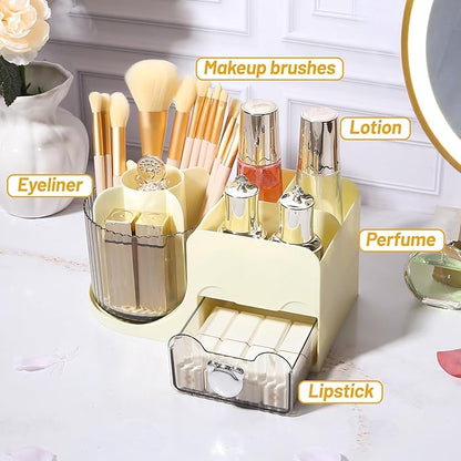 DASITON Makeup Organizer with Drawer, 360° Rotating Makeup Brush Holder, Makeup and Skincare Storage Box, Make Up Organizers for Vantiy, Desktop, Bathroom Countertop, Cosmetic Display Case (Cream)
