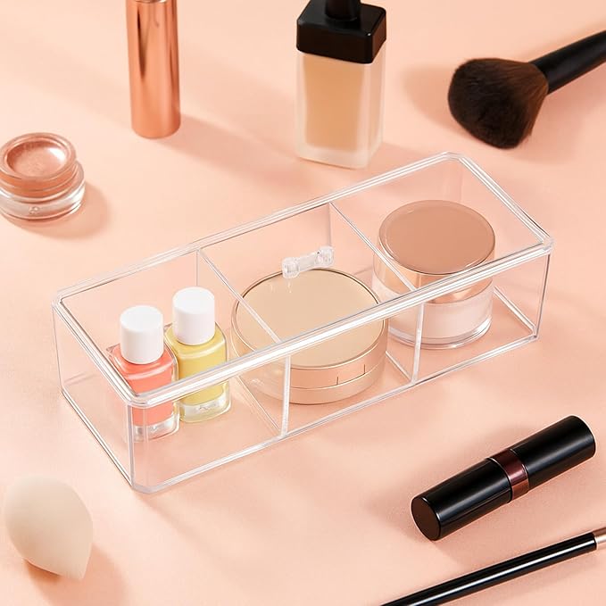 3 Pack Clear Acrylic Organizer with Lid, 3 Compartments Cotton Ball and Swab Holder Jar, Waterproof Bathroom Storage Containers for Vanity, Makeup Pads, Cosmetics, 8.94x3.54x2.56 Inch