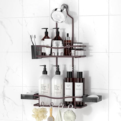 REINHARDT Shower Caddy Hanging, Rustproof Shower Caddy Anti-Swing Shower Organizer No Drilling Showers Racks with Soap Holder Multi Hooks Bathroom Storage for Shampoo Sponge, Bronze