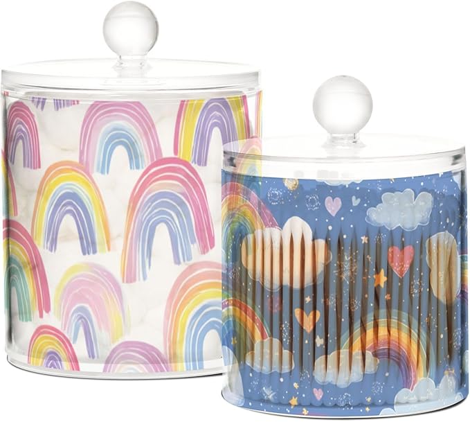 2 Pack Qtip Dispenser Apothecary Jars with Lids Cotton Round Holder Bathroom Canisters for Cotton Swab Floss Ball Pads Clear Plastic Decorative White Blue Rainbow Heart Clouds