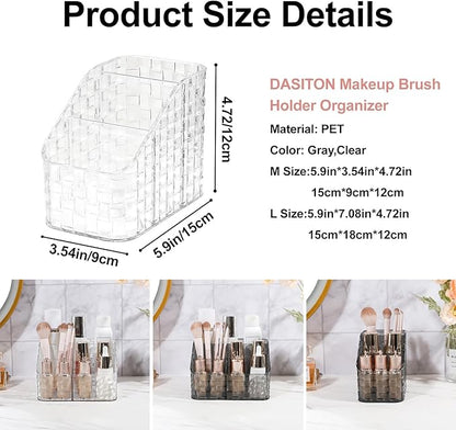 DASITON Makeup Brush Holder Organizer, 3 Slots Acrylic Makeup Brushes Storage Cup, Woven Texture Make Up Brush Holder for Vanity Bathroom Office, Pen Holder for Desk, Cosmetic Display Cases (Clear M)